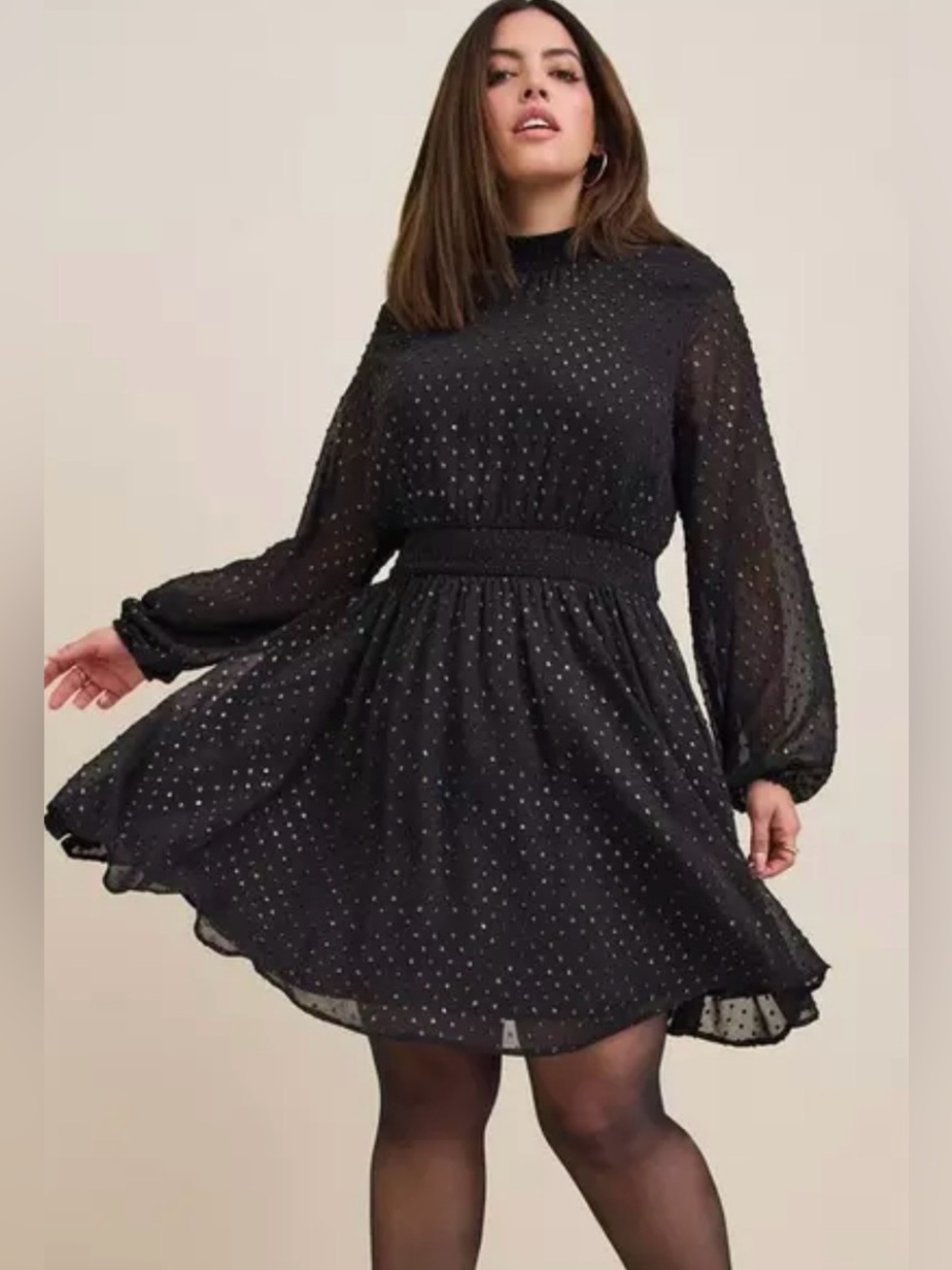 Torrid Mini Clip Dot Blouson Sleeve Dress — Size 2 (Black)